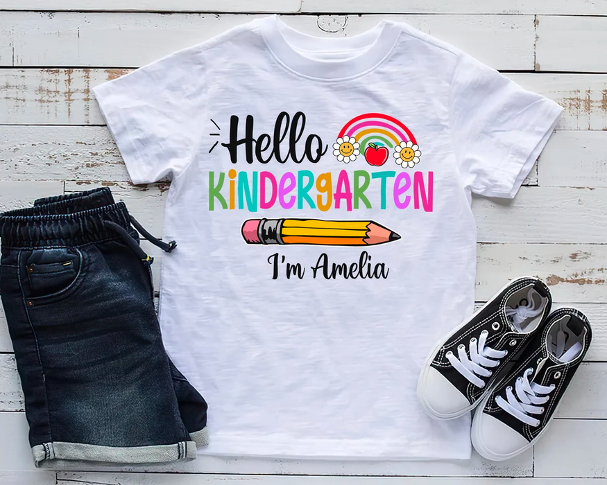 Personalized T-Shirt For Kid Hello Kindergarten Colorful Design Apple Daisy Print Custom Name Back To School Outfit