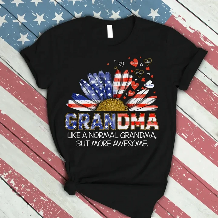 Personalized T-Shirt For Grandma Sunflower & Heart Print USA Flag Design Custom Grandkids Name 4th July Day Shirt