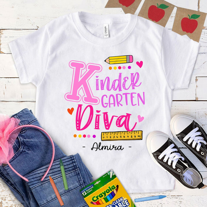 Personalized T-Shirt For Kids Kindergarten Diva Custom Name & Grade Level Pink Words Design Back To School Outfit