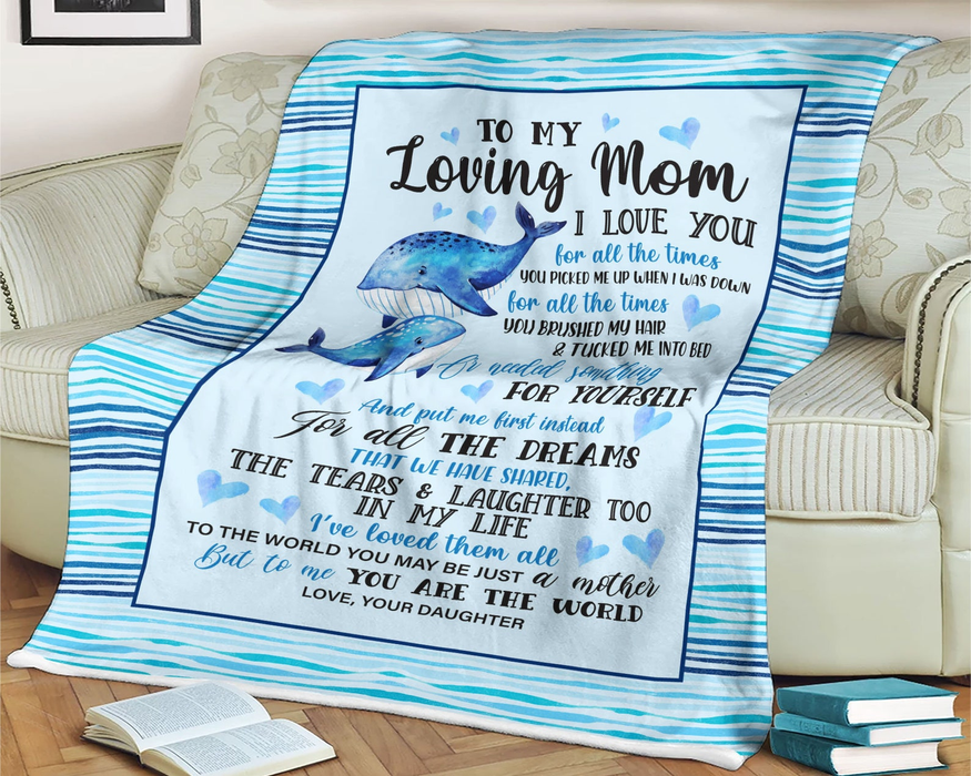 Personalized Blanket To My Mom From Daughter I Love You Old & Baby Whale Print Blue Ocean Background Custom Name