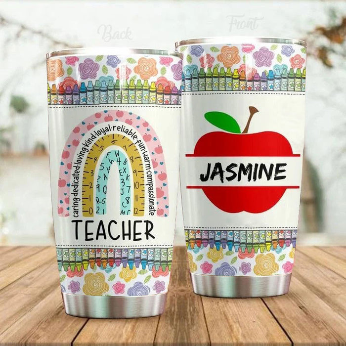 Personalized Travel Tumbler For Teacher 20oz Cup Custom Name Rainbow Flower Apple Crayon Back To School Gifts