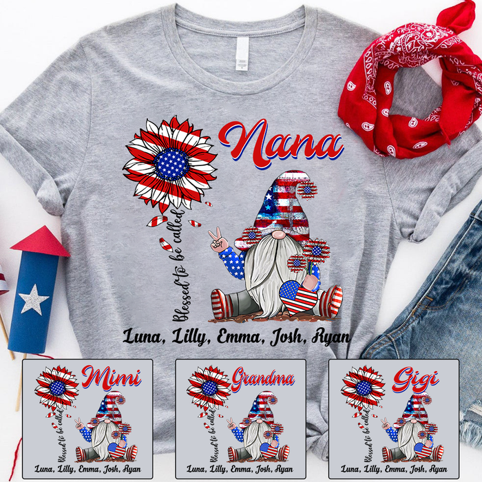 Personalized T-Shirt For Grandma Nana Sunflower & Gnome Printed With America Flag Design Custom Grandkids Name