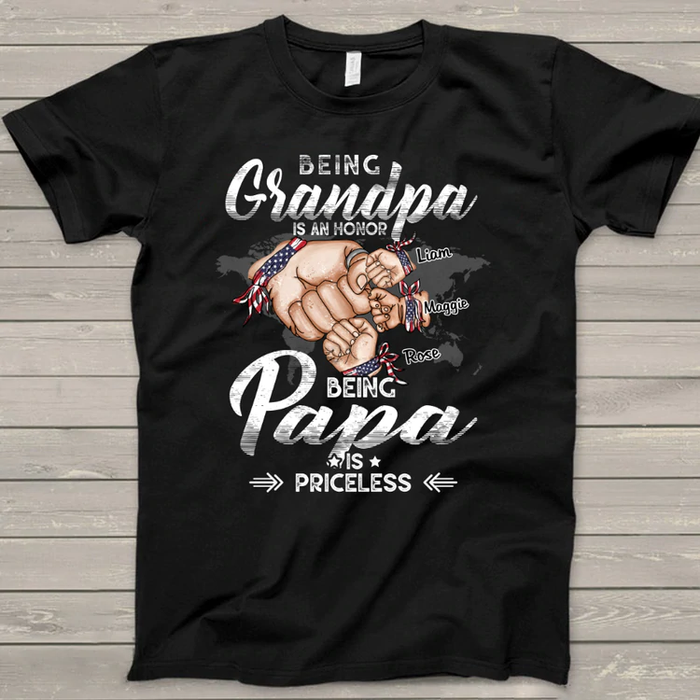 Personalized T-Shirt For Grandpa Vintage USA Flag Design Fist Bump Print Custom Grandkids Name 4th July Day Shirt