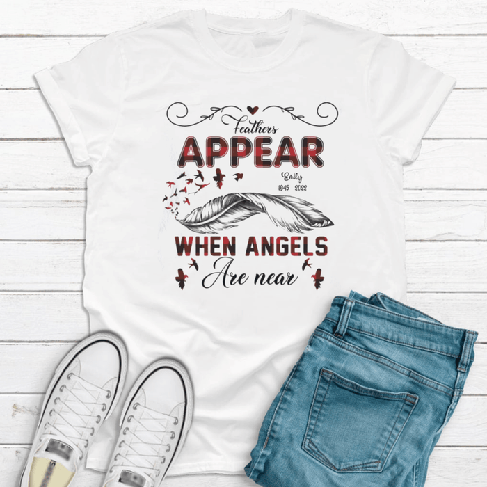 Personalized Memorial T-Shirt For Loss Of Loved Ones When Angles Are Near Red Plaid Custom Name Remembrance Gifts