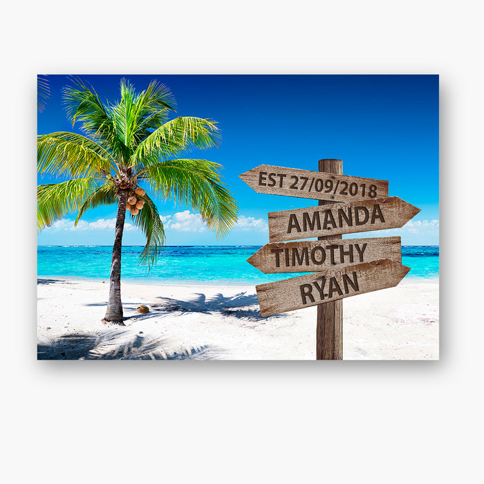 Personalized Wall Art Canvas For Family Coconut On The Sunny Beach Street Sign Poster Custom Multi Name & Date