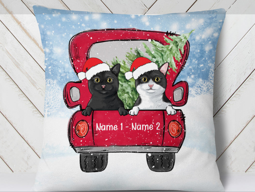 Personalized Square Pillow Gifts For Cat Lovers Snow Theme Red Truck Custom Name Sofa Cushion For Christmas