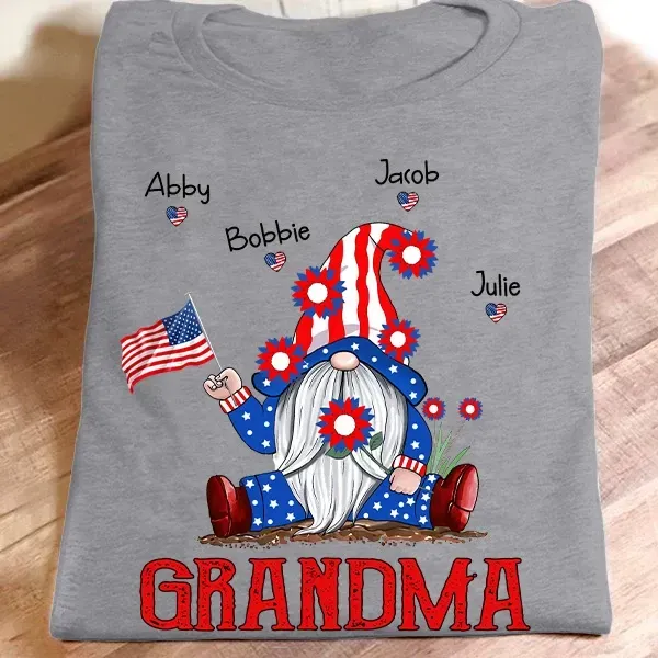 Personalized T-Shirt For Grandma Gnome With America Flag Design Custom Grandkids Name 4th July Day Shirt