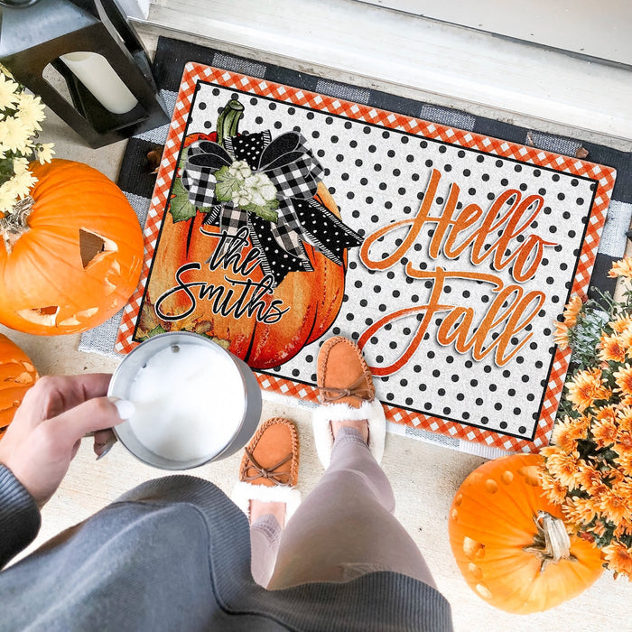 Personalized Welcome Doormat Hello Fall Cute Pumpkin With Flower Printed Polka Dot Plaid Design Custom Family Name