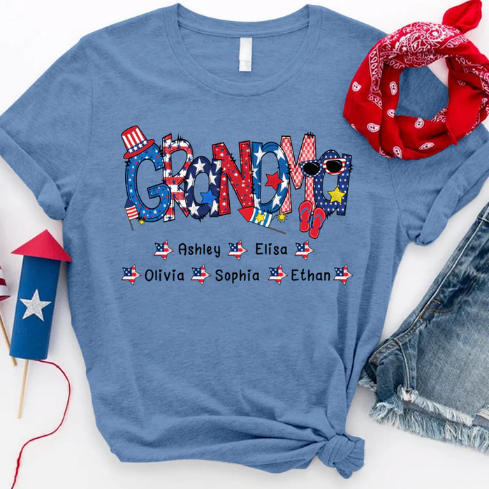 Personalized T-Shirt For Grandma Sunglasses & Hat Print USA Flag Design Custom Grandkids Name 4th Of July Shirt