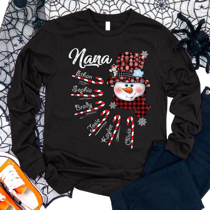 Personalized Sweatshirt For Grandma From Grandkids Nana Red Plaid Snowman Candy Cane Custom Name Shirt Christmas Gifts