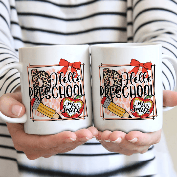 Personalized Coffee Mug For Teacher Hello Preschool Leopard Apple Pencil Custom Name White Cup Gifts For Back To School