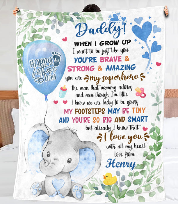 Personalized Blanket To My Dad From Baby Bump Happy First Father's Cute Baby Elephant & Flower Custom Name