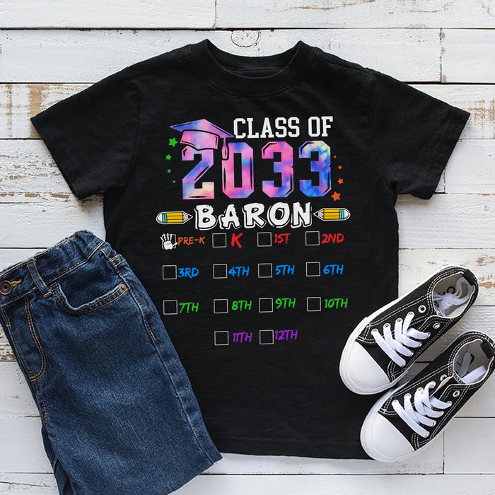 Personalized T-Shirt For Kids Class Of 2023 Colorful Design Custom Name Grade Level & Year Back To School Outfit