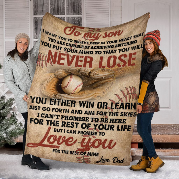 Personalized To My Son From Dad Baseball Vintage Sherpa Fleece Blanket You Never Lose You Either Win Or Learn