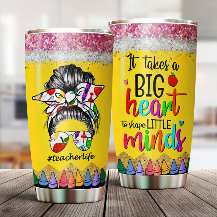 Personalized Travel Tumbler For Teacher 20oz Cup Custom Name Teach Little Minds Messy Bun Crayons Back To School Gifts