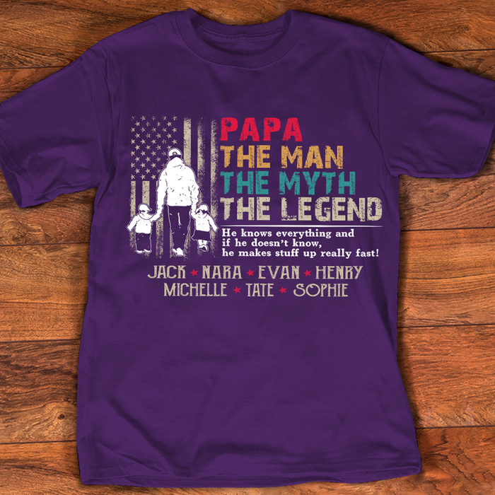 Personalized T-Shirt For Grandpa The Man The Myth Retro USA Flag Design Custom Grandkids Name 4th July Day Shirt