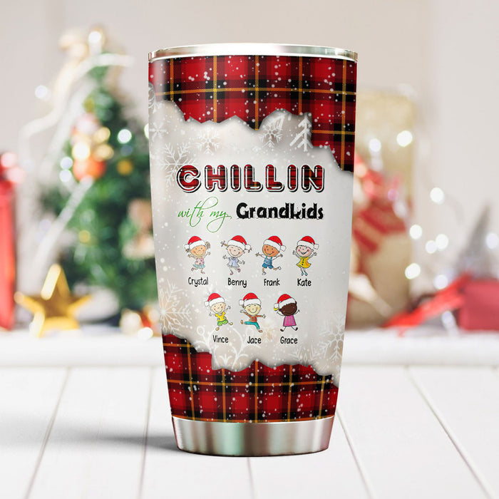 Personalized Tumbler Gifts For Grandma Chillin With My Grandkids Snowmen Red Plaid Custom Name Travel Cup For Christmas