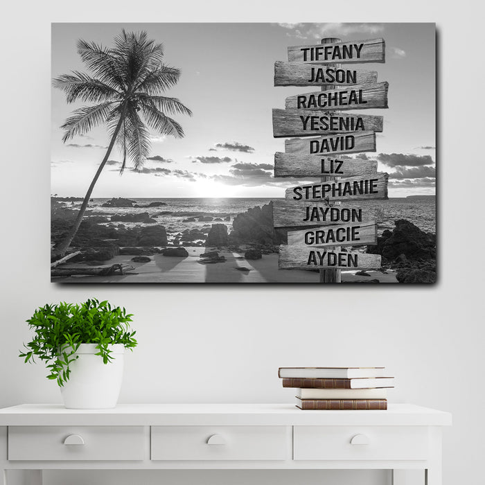 Personalized Canvas Wall Art Gifts For Family Coconut Trees On Sunset Black & White Custom Name Poster Prints Wall Decor