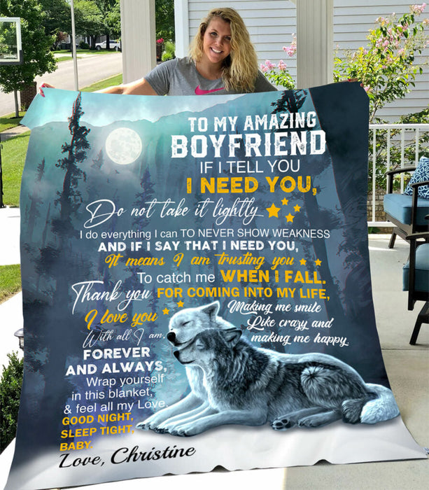 Personalized To My Boyfriend Blanket From Girlfriend Catch Me When I Fall Wolf Couple Custom Name Gifts For Christmas