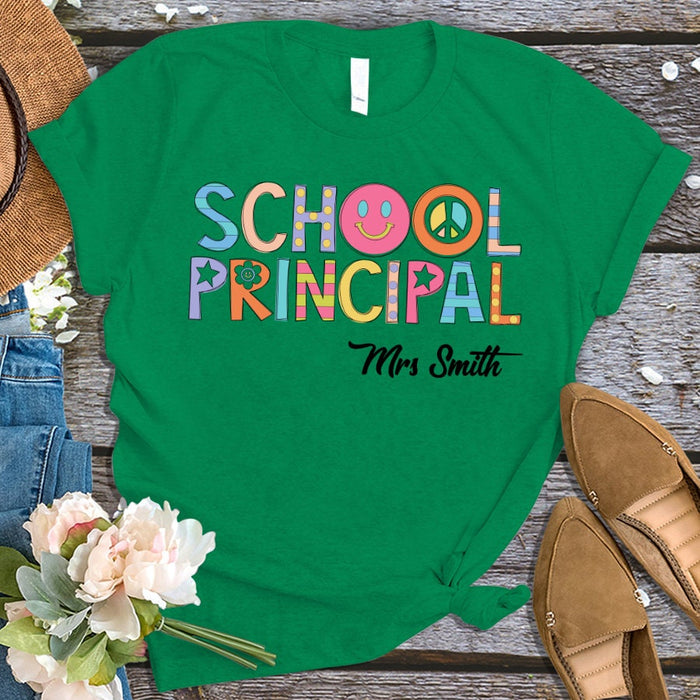 Personalized T-Shirt For Teacher School Principal Colorful Words Custom Name Shirt Gifts For Back To School