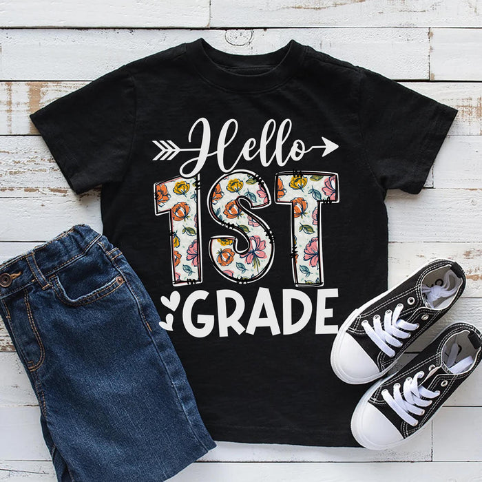 Personalized T-Shirt Gifts For Kids Girls Boys Floral Hello 1st Grade Custom Grade Level Shirt Back To School Outfit