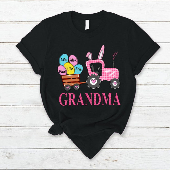 Personalized T-Shirt For Grandma Easter Tractor & Eggs Printed Custom Grandkids Name Bunny Truck Happy Easter Day Shirt
