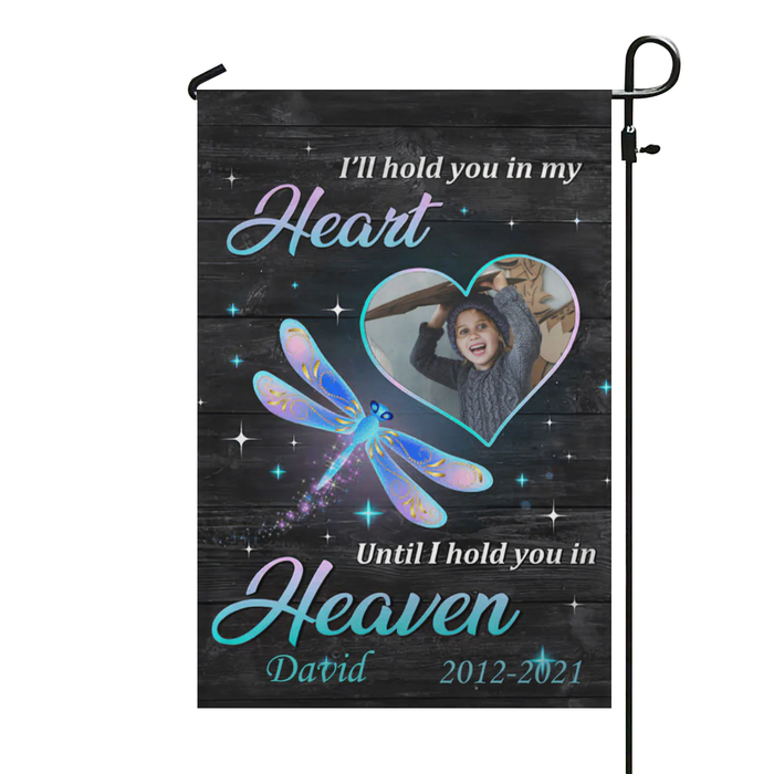 Personalized Memorial Flag For Family In Heaven Hold You In Our Hearts Dragonfly Custom Name Photo Cemetery Decoration