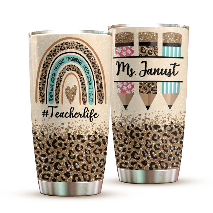 Personalized Tumbler For Teacher Leopard Boho Rainbow Pencil Teacher Life Custom Name Travel Cup Gift For Back To School