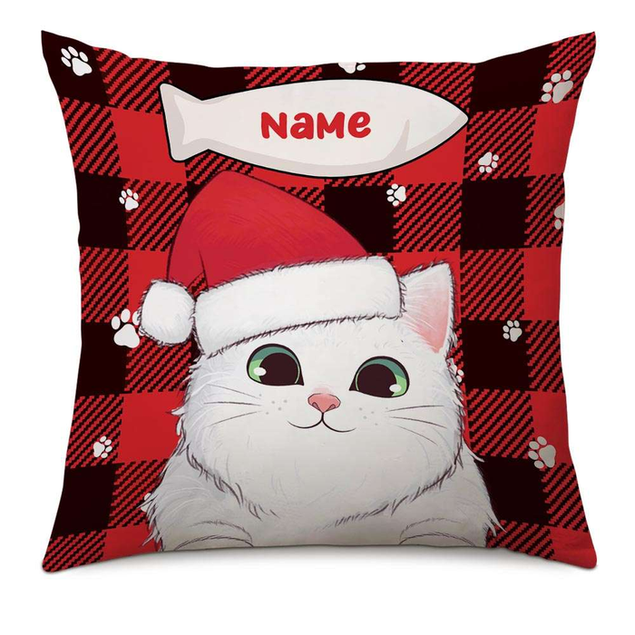 Personalized Square Pillow Gifts For Cat Lovers Cute Cat With Santa Hat Red Plaid Custom Name Sofa Cushion For Christmas