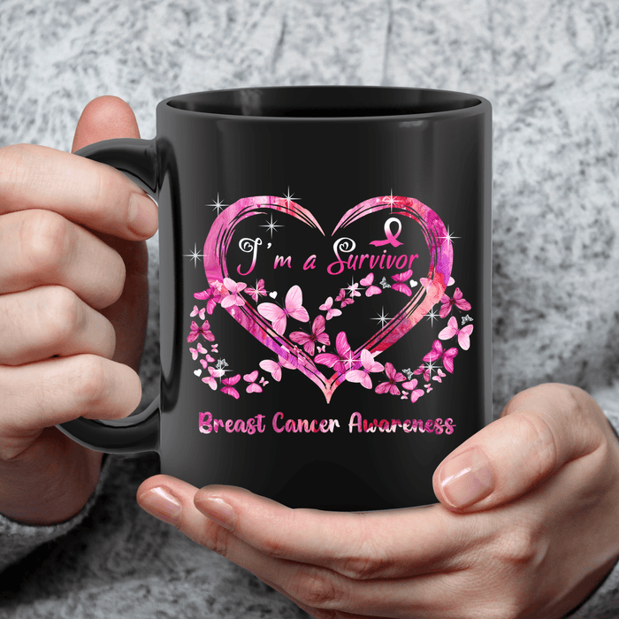 Novelty Ceramic Coffee Mug For Breast Cancer Awareness I'm A Survivor Heart & Infinity Symbol Custom Name 11 15oz Cup