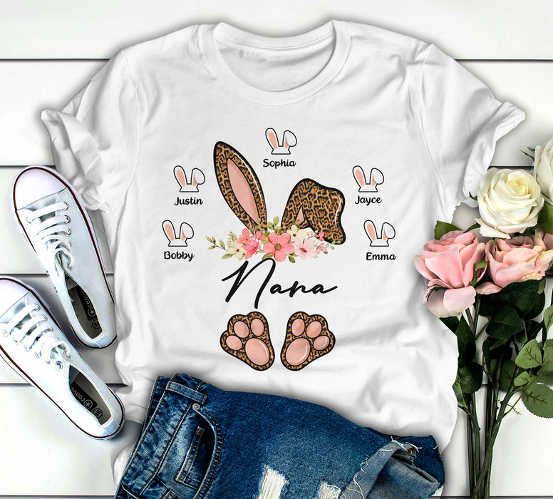 Personalized T-Shirt For Grandma Nana Bunny Floral Leopard Design Custom Grandkids Name Happy Easter Day Shirt