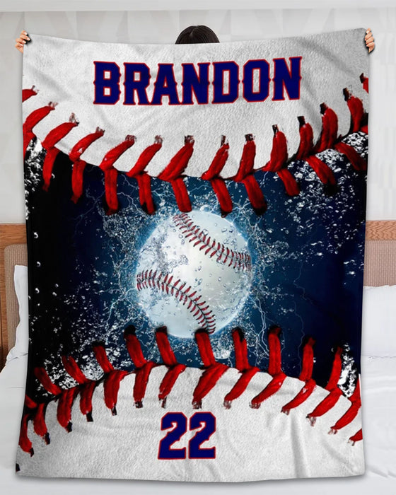 Personalized Blanket For Son Dad Men Baseball Lovers Ball In Water Printed Sewing Pattern Custom Name & Number