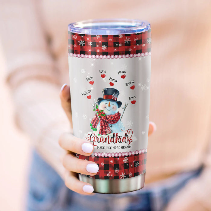 Personalized Tumbler Gifts For Grandma Snowman Red Plaid Snowflakes Hearts Custom Grandkids Name Christmas Travel Cup