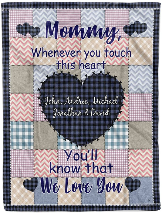 Personalized Blanket For Mom Mommy Whenever You Touch This Heart Plaid Design Custom Name Mother'S Day Blanket