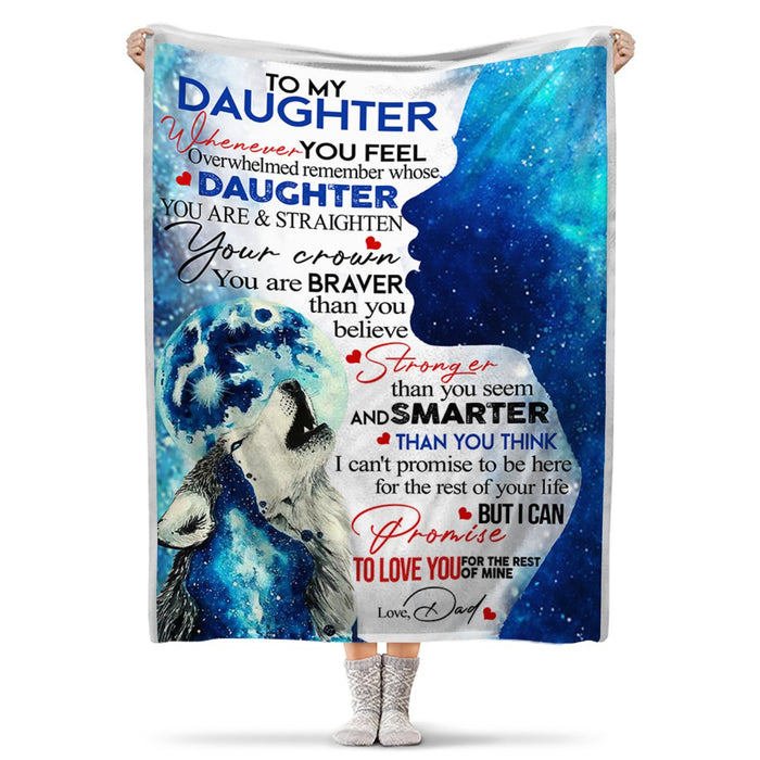 Personalized To My Daughter Blanket From Dad Whenever You Feel Overwhelmed Blue Wolf & Moon Printed Fleece Blanket