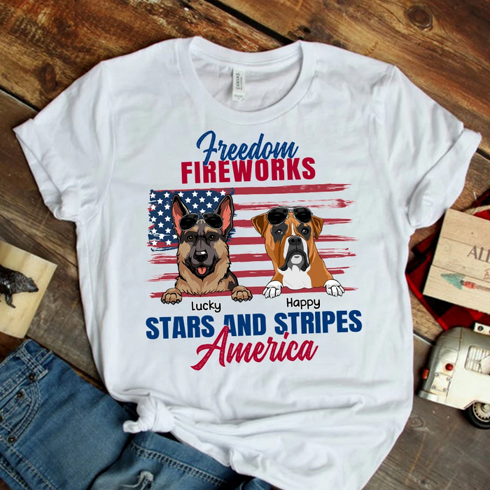 Personalized American Dog Shirts for Men Women Freedom Fireworks 4th Of July Tshirt Gifts for Doggy Lovers