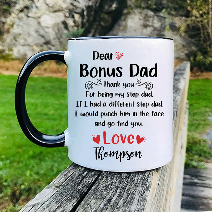 Personalized Accent Mug For Bonus Dad Thank You For Being Step Dad Cute Heart Print Custom Kids Name 11 15oz Cup