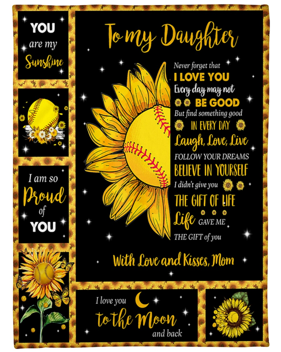 Personalized Sports Fleece Blanket To My Daughter Softball Lovers Rustic Sunflower & Softball Throw Custom Name