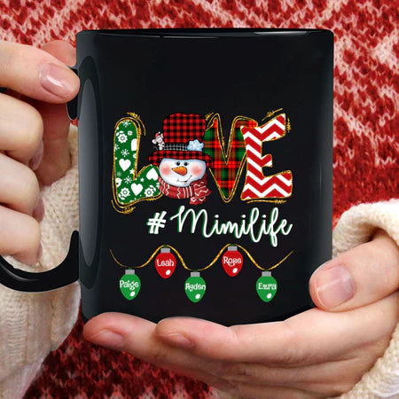 Personalized Coffee Mug Gifts For Grandmother Love Mimi Life Colorful Lights Custom Grandkids Name Christmas Black Cup