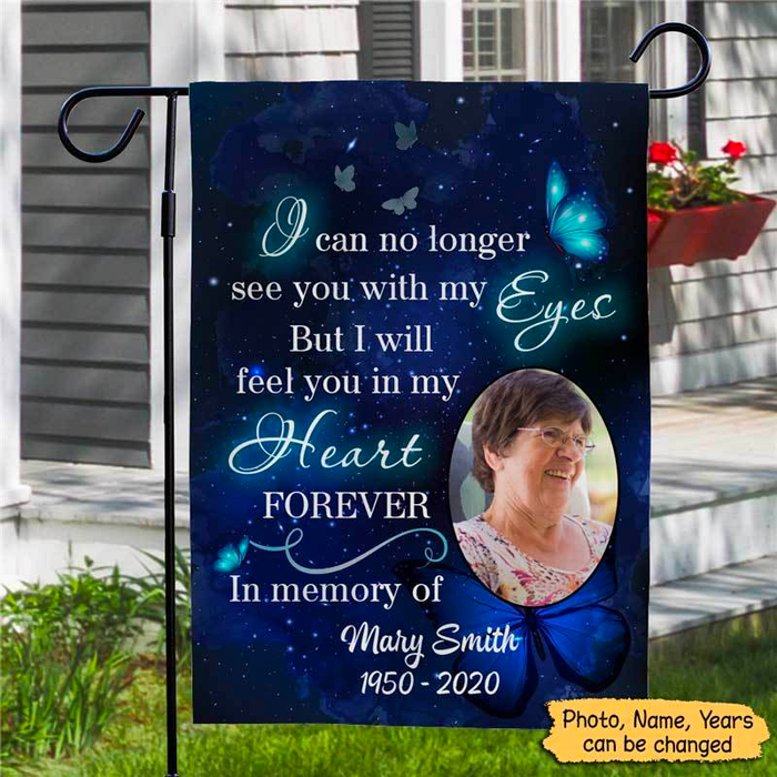 Personalized Memorial Flag For Family In Heaven Butterflies Feel You In My Heart Custom Name Photo Cemetery Decoration