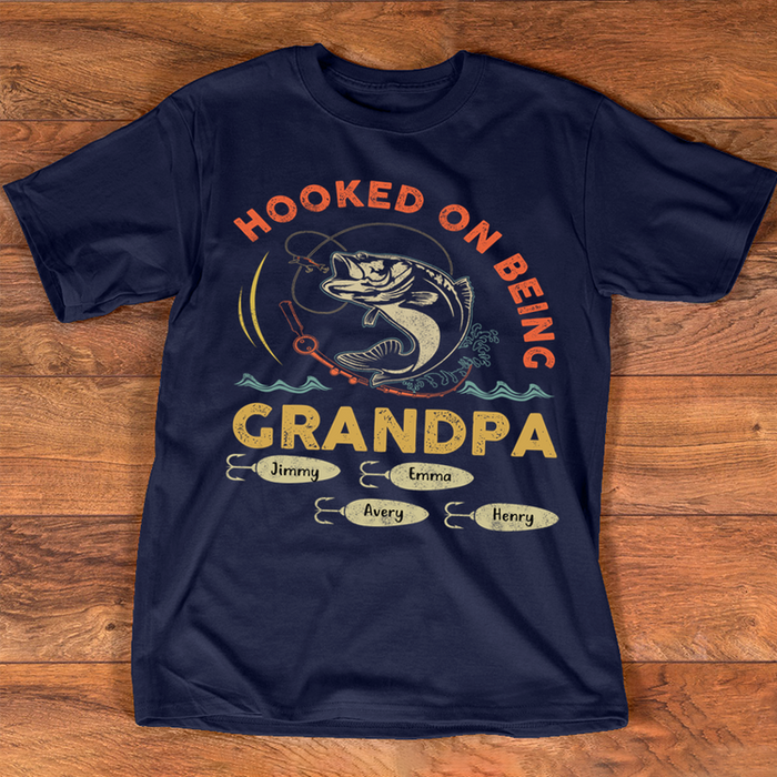 Personalized T-Shirt For Fishing Lovers Hooked On Being Grandpa Fishing Rod & Big Fish Printed Custom Grandkids Name