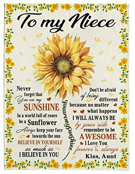 Personalized Fleece Blanket To My Niece Print Sunflower Gifts From Aunt Uncle Gift for Birthday Sherpa Fleece Blanket