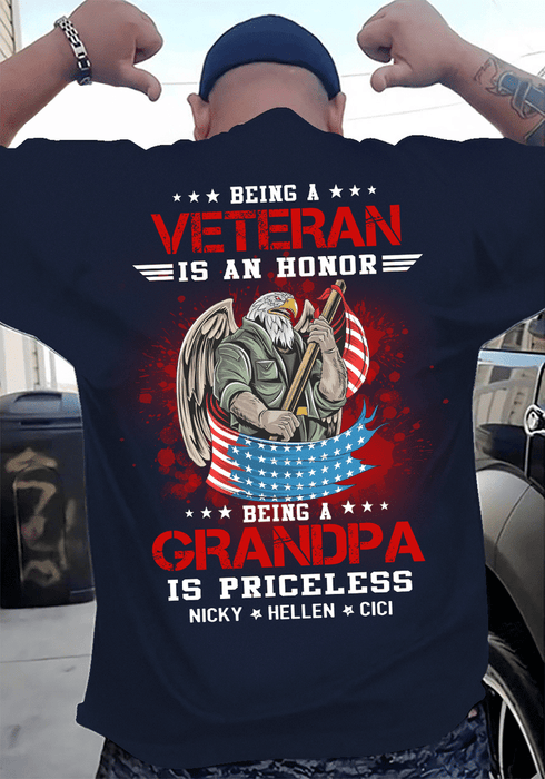 Personalized T-Shirt Being A Veteran Is An Honor Being A Grandpa Is Priceless Eagle Man US Flag Custom Grandkids Name