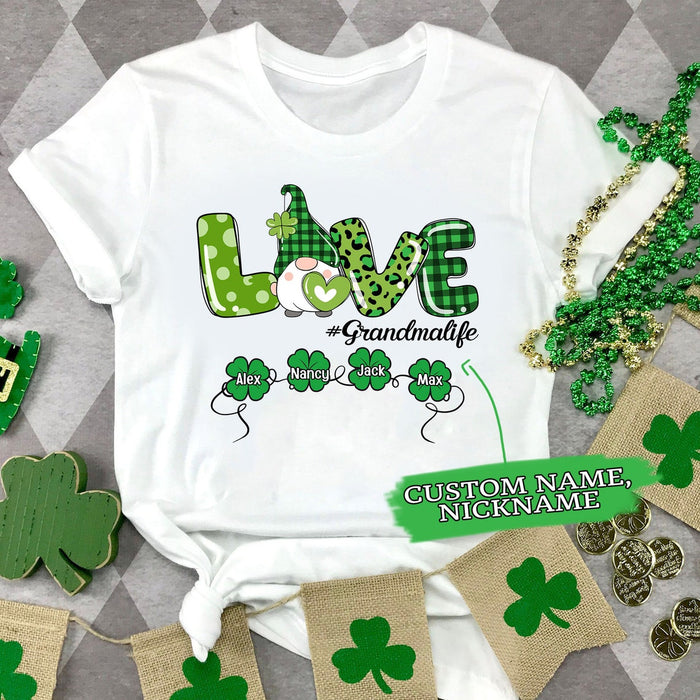 Personalized T-Shirt Love Hashtag Grandma Life Cute Gnome & Shamrock Printed Custom Grandkids Name St Patricks Day Shirt