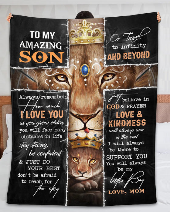 Personalized Blanket To My Son From Mom I Will Always Be There Old And Baby Lion With Crown Printed Custom Name