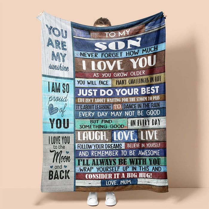 Personalized To My Son Blanket From Mom Never Forget How Much I Love You Colorful Wooden Style Fleece Blanket