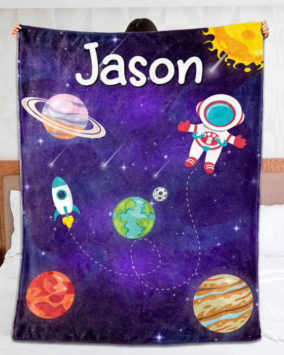 Personalized Baby Blanket For Boy Girl Astronaut Outer Space Rocket Ship Printed Galaxy Lovers Custom Name