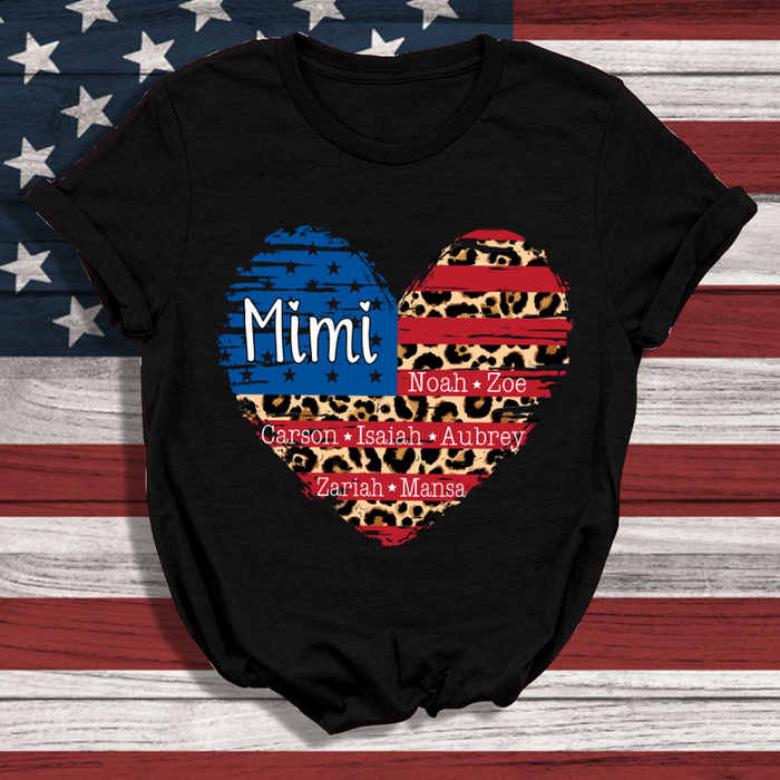 Personalized T-Shirt For Grandma Mimi Heart USA Flag Leopard Design Custom Grandkids Name 4th July Shirt