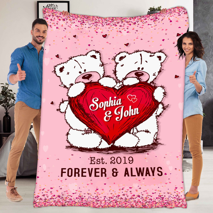 Personalized Couple Blanket For Valentines Day Forever & Always Cute Bear Couple Hold Heart Custom Names