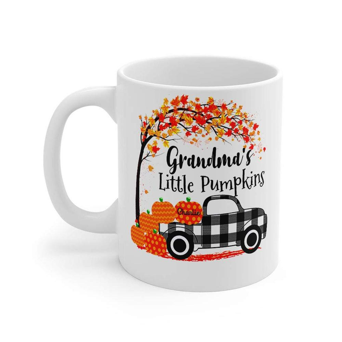 Personalized Coffee Mug Gifts For Grandma Little Pumpkin Autumn Leave Plaid Custom Grandkids Name Thanksgiving White Cup